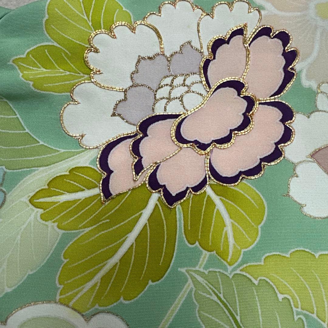 千總 京友禅 華文 グリーン系 刺繍 振袖