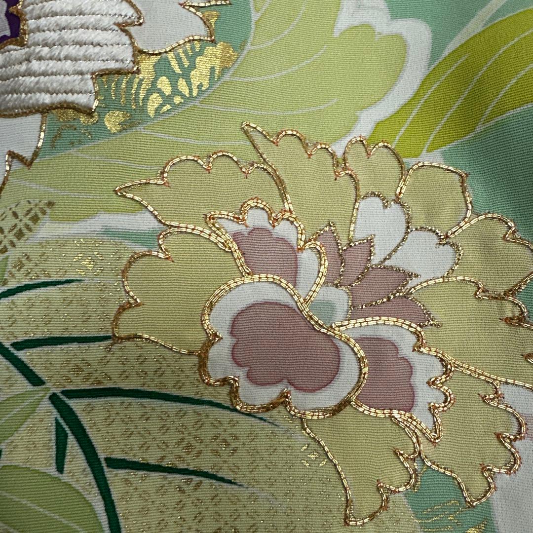 千總 京友禅 華文 グリーン系 刺繍 振袖