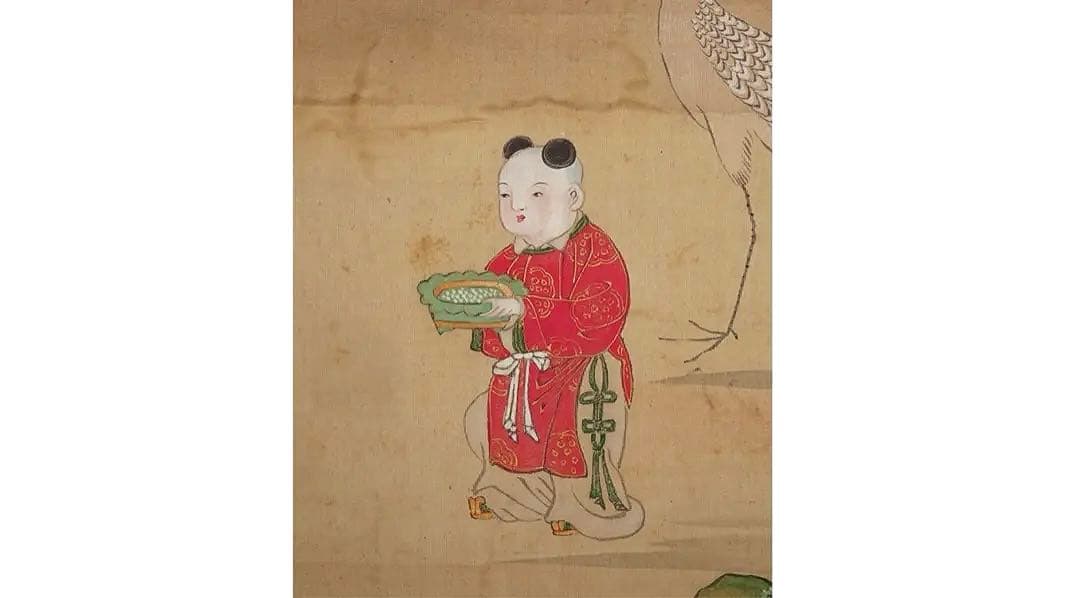 円山応挙（圓山應擧）真筆 絹本着色 「瑞春童子遊鶴図」掛軸 極箱 証明書添付