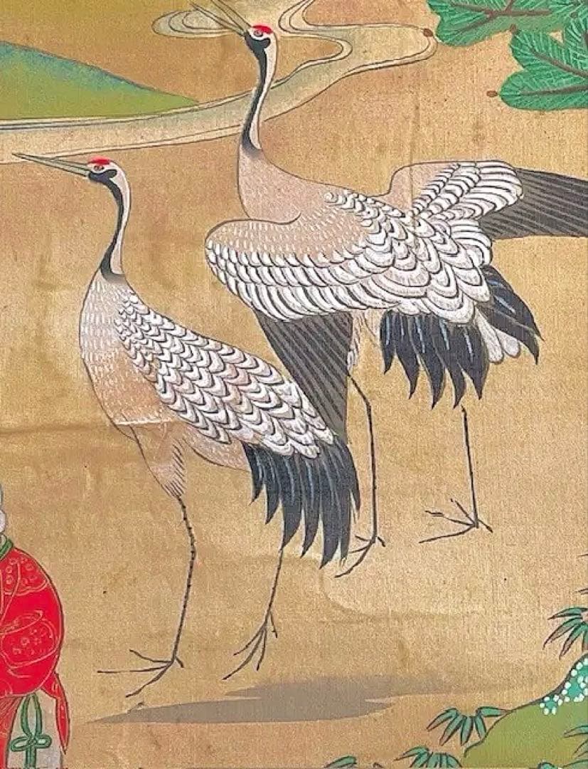 円山応挙（圓山應擧）真筆 絹本着色 「瑞春童子遊鶴図」掛軸 極箱 証明書添付