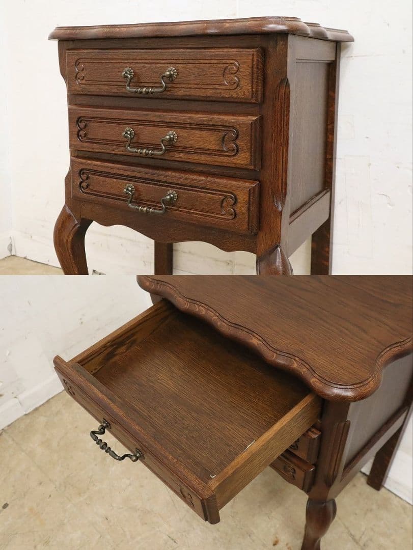 高級 三越家具【ブルージュ】サイドチェスト・ナイトテーブル・猫脚・オーク材