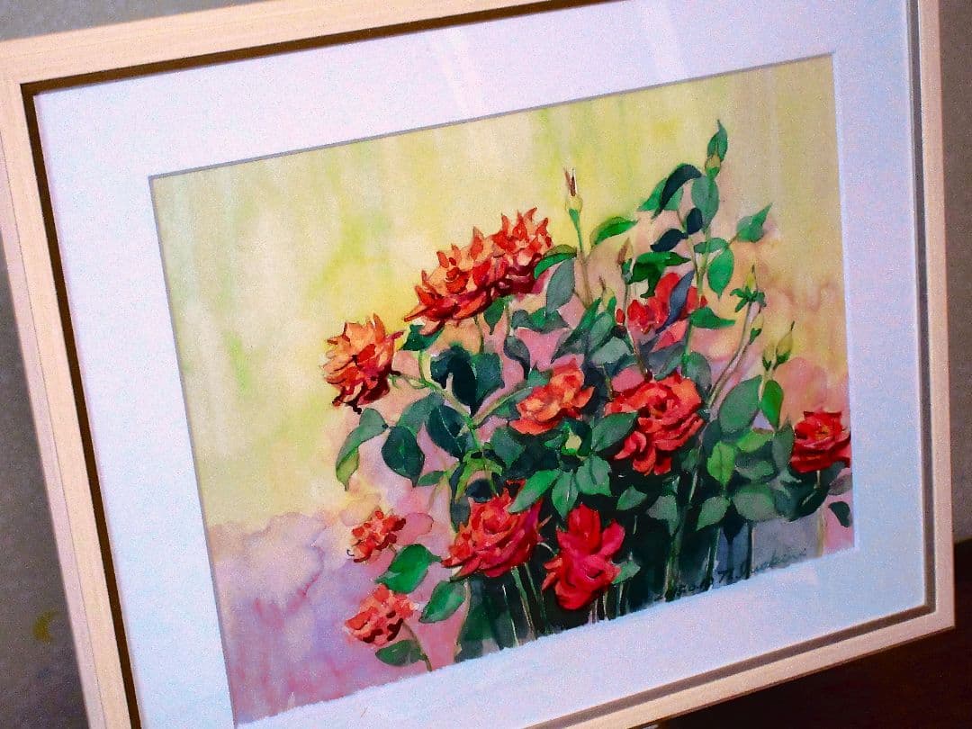 水彩画 バラの花束 額装付き F6サイズ 原画