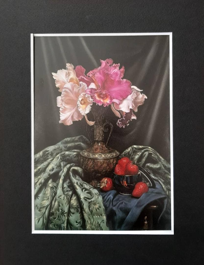 三嶋哲也、「カトレアと苺」、希少画集の額装画、人気作品