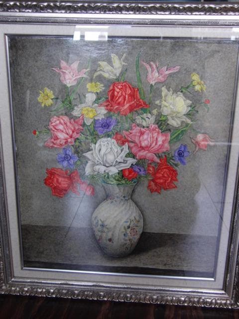 服部和三郎、薔薇とアネモネ 水仙 チューリップ、F10号、真作油絵、新品油彩額付