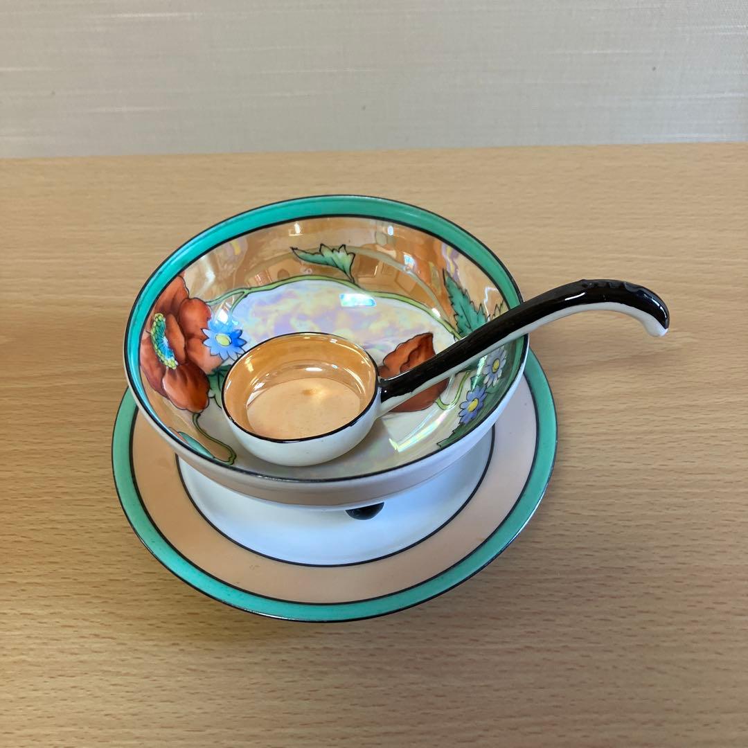 5. オールドノリタケ、Noritake-M印ボウル、ソーサー、スプーンのトリオ