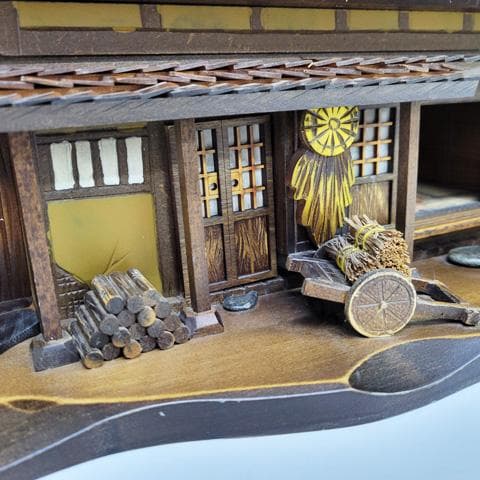 中田順也 作　郷愁のかやぶき古民家　からくりオルゴール　完動品！