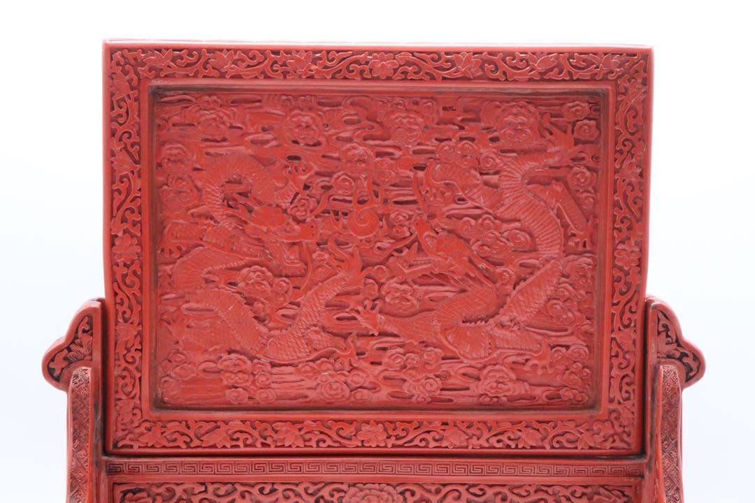中国　堆朱　硯屏　山水人物&龍紋　送料込み250305