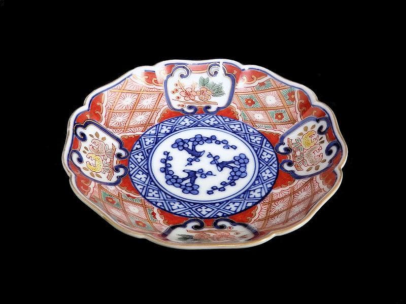 大聖寺伊万里　窓絵　柘榴　松　梅　菊花四方襷紋の図　４寸皿　５枚　AS-fbjf