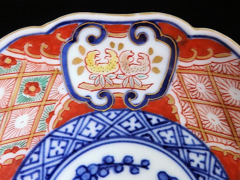 大聖寺伊万里　窓絵　柘榴　松　梅　菊花四方襷紋の図　４寸皿　５枚　AS-fbjf