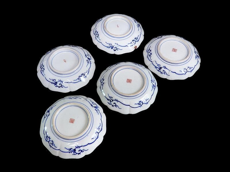 大聖寺伊万里　窓絵　柘榴　松　梅　菊花四方襷紋の図　４寸皿　５枚　AS-fbjf