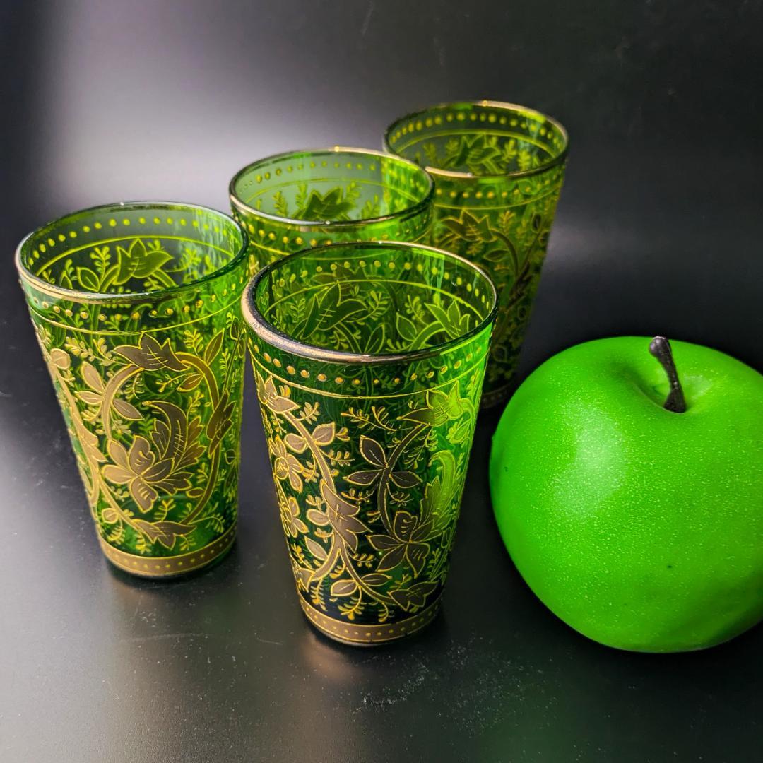 Moser モーゼル 金彩グラス 4個セット エメラルドグリーン アラベスク文様