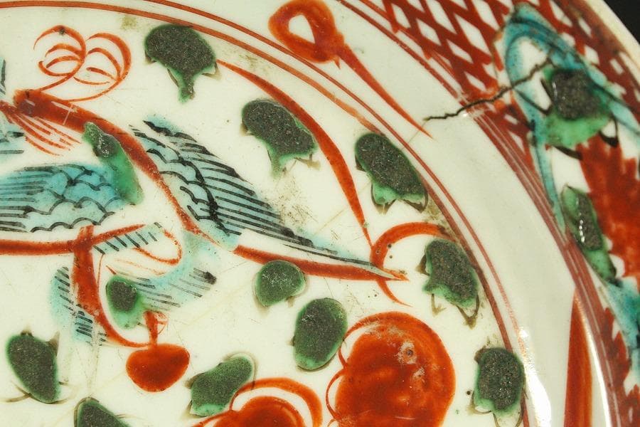 茶道具 唐物 呉須赤絵 鳳花紋 皿 φ25.5cm 中国美術(A928)