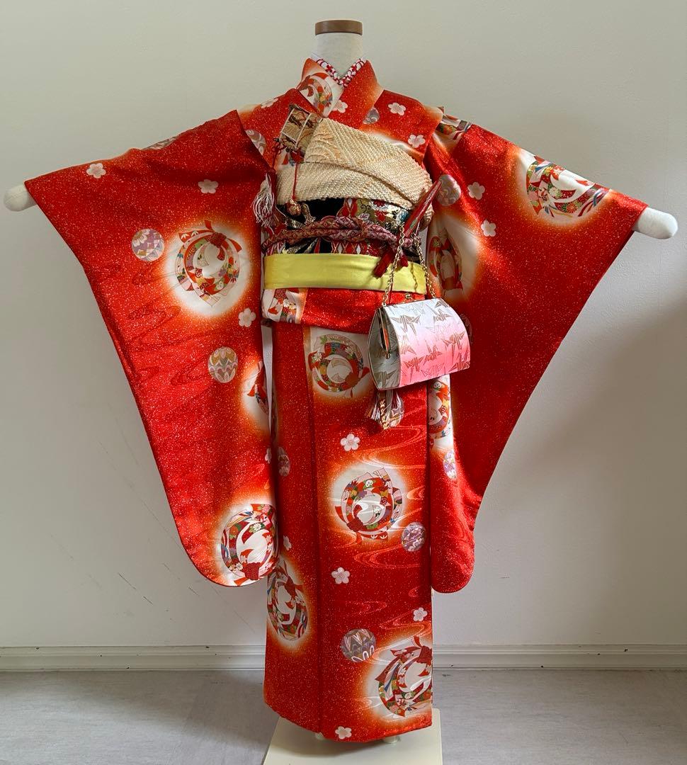 7歳　七五三　正絹着物　古典柄　帯　帯揚げ　帯締め　バッグ　はこせこ　扇子