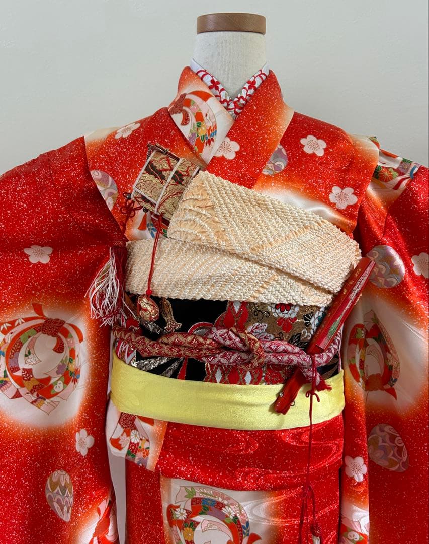 7歳　七五三　正絹着物　古典柄　帯　帯揚げ　帯締め　バッグ　はこせこ　扇子