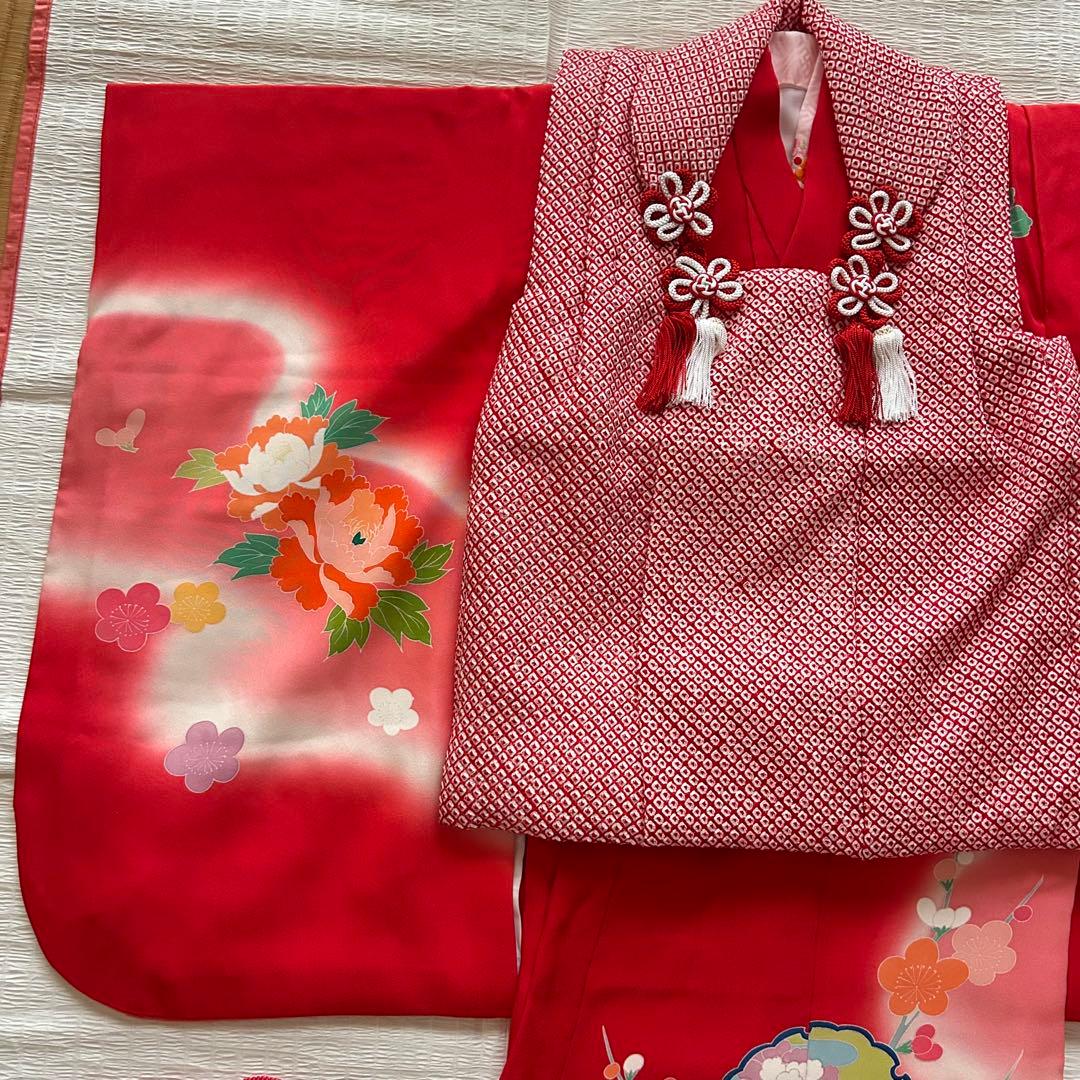 七五三 3歳 総絞り 被布 着物 絹 三歳 赤 草履 753 女の子 友禅染