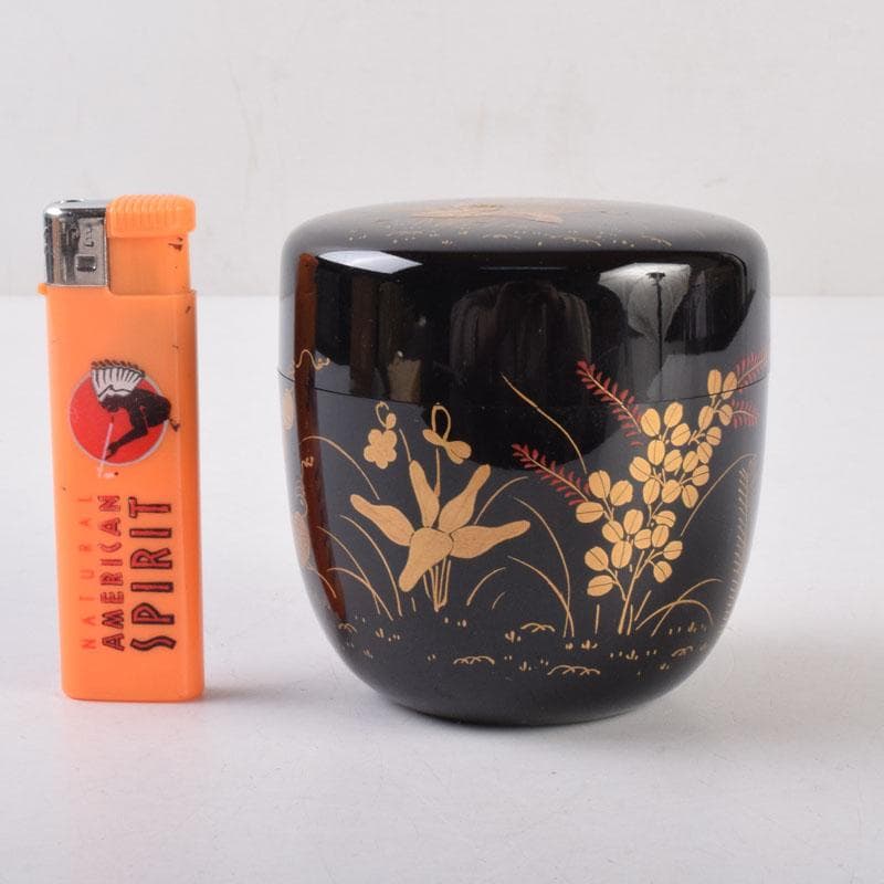 茶道具　黒塗　四季花草蒔絵　棗　共箱　V　8530