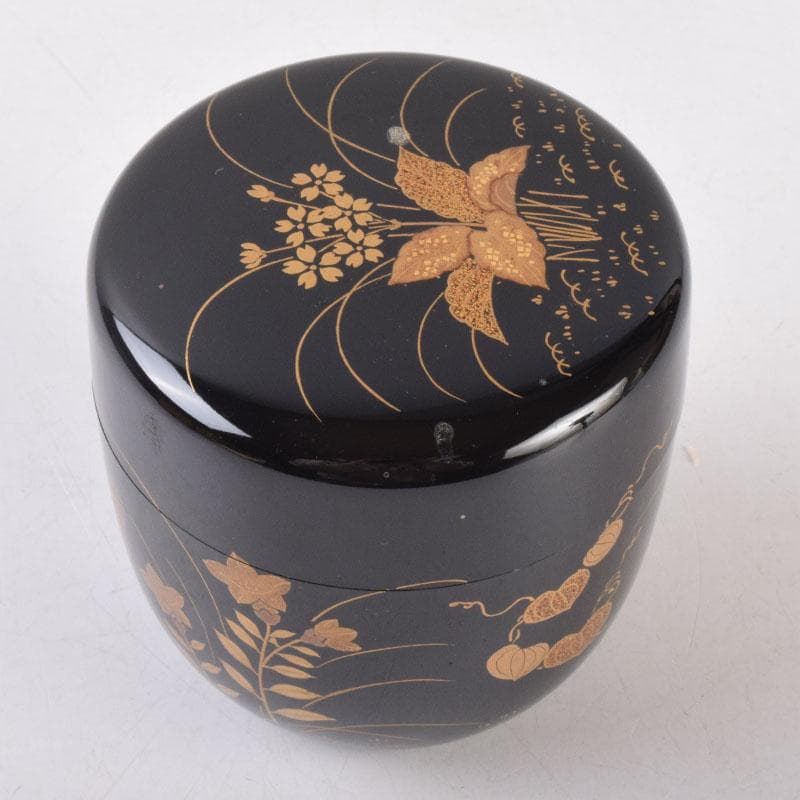 茶道具　黒塗　四季花草蒔絵　棗　共箱　V　8530