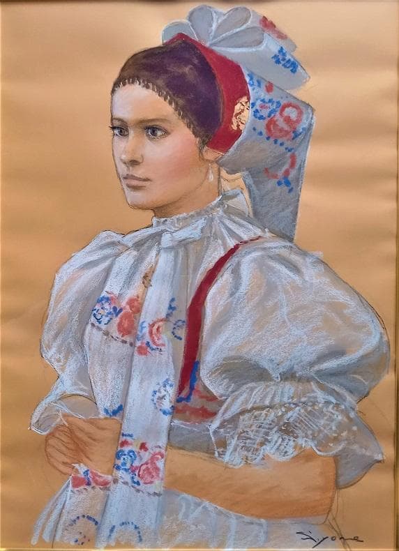 日本洋画壇の重鎮　芝田米三　「刺繍衣装」のパステル画絵　約10号サイズ