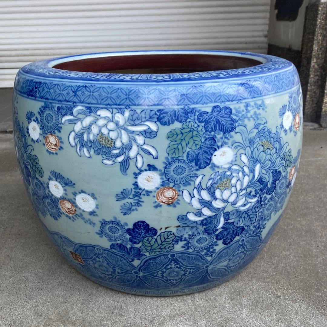 作名有り　染付草花文火鉢