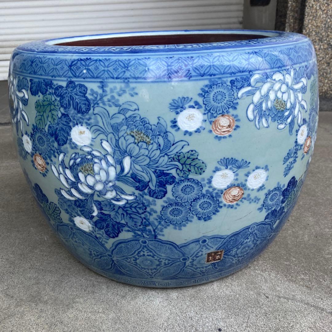 作名有り　染付草花文火鉢