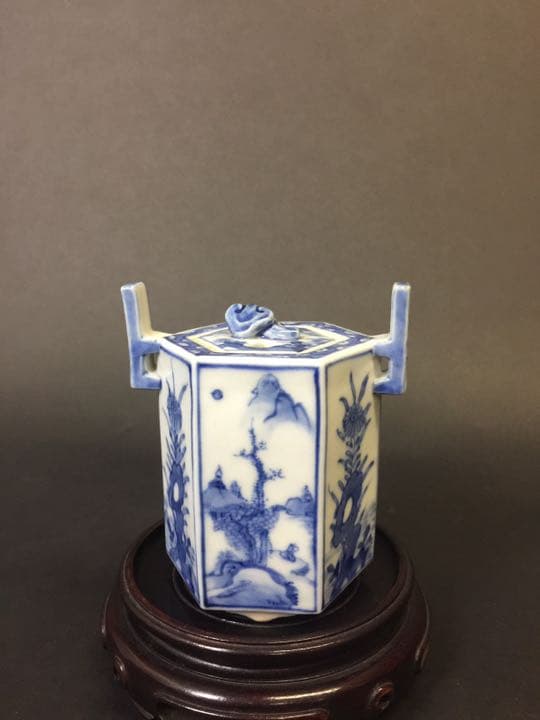 双耳6面三足 山水紋染付香炉  年代物