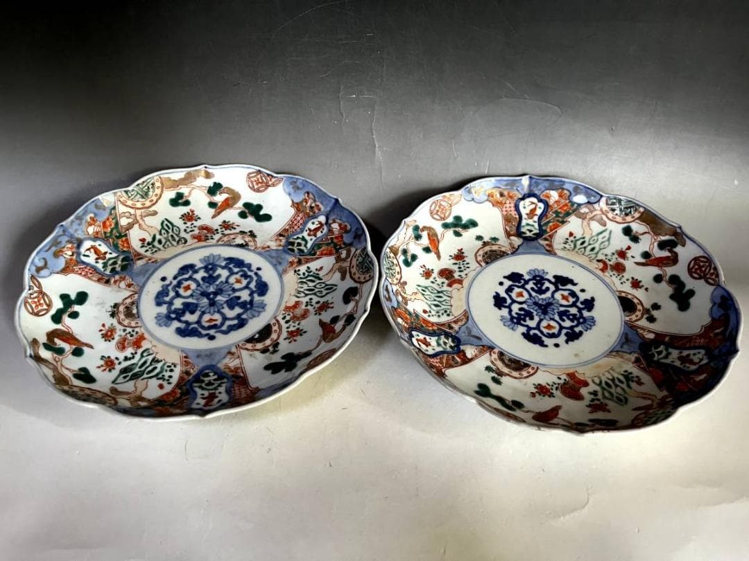皿■赤絵花弁型窓花鳥紋皿(江戸後期～明治期)鯉 松竹梅 中皿 2枚セット 骨董■
