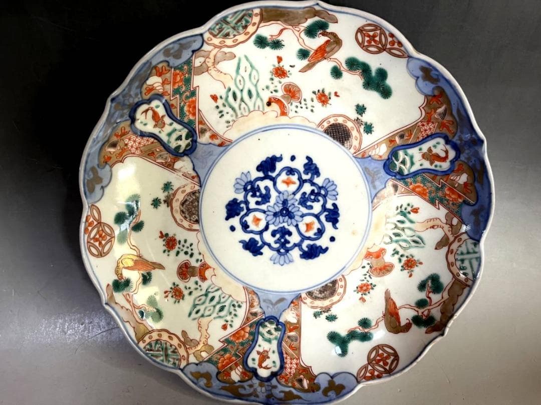 皿■赤絵花弁型窓花鳥紋皿(江戸後期～明治期)鯉 松竹梅 中皿 2枚セット 骨董■