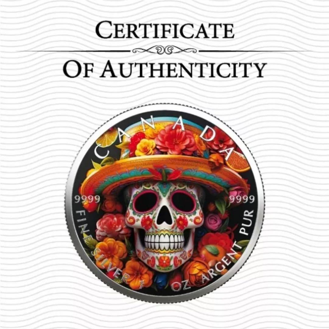 世界100枚限定！ メイプルリーフ 銀貨 カラー メキシカンスケルトン 1オンス