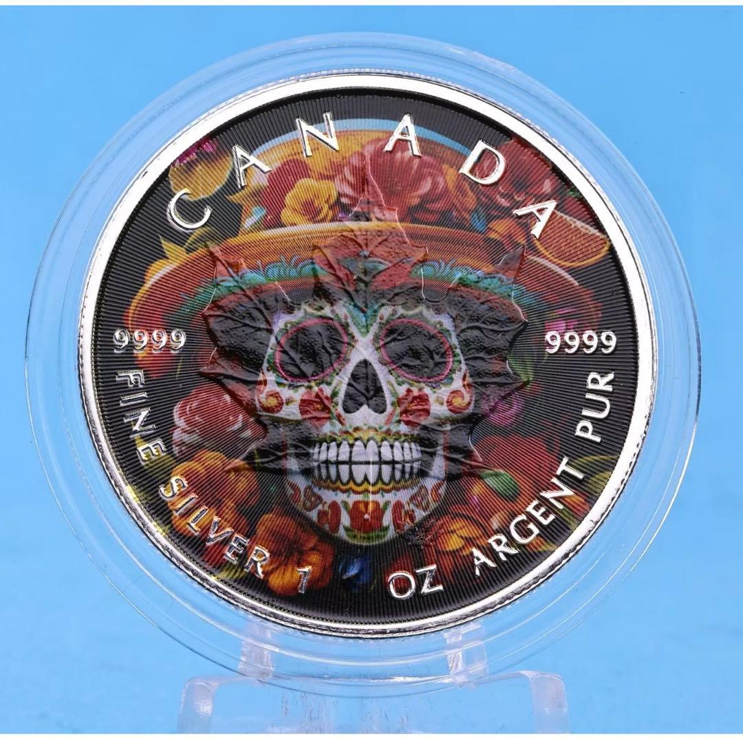 世界100枚限定！ メイプルリーフ 銀貨 カラー メキシカンスケルトン 1オンス