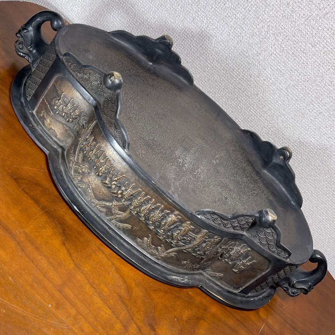 A720⭐︎古銅 高岡銅器 昌雲堂 大名行列象嵌 象耳 水盤 アンティーク