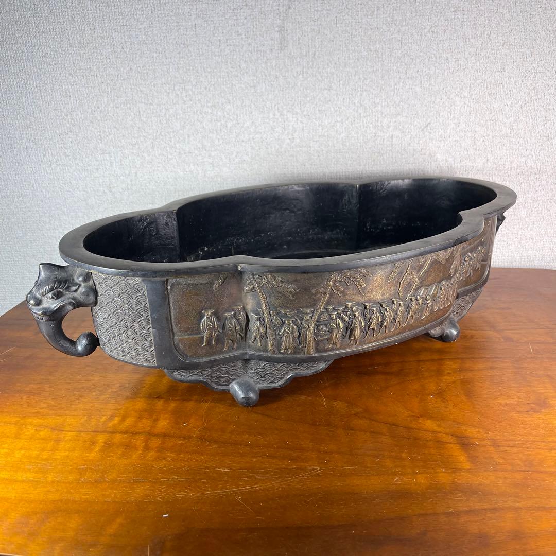 A720⭐︎古銅 高岡銅器 昌雲堂 大名行列象嵌 象耳 水盤 アンティーク