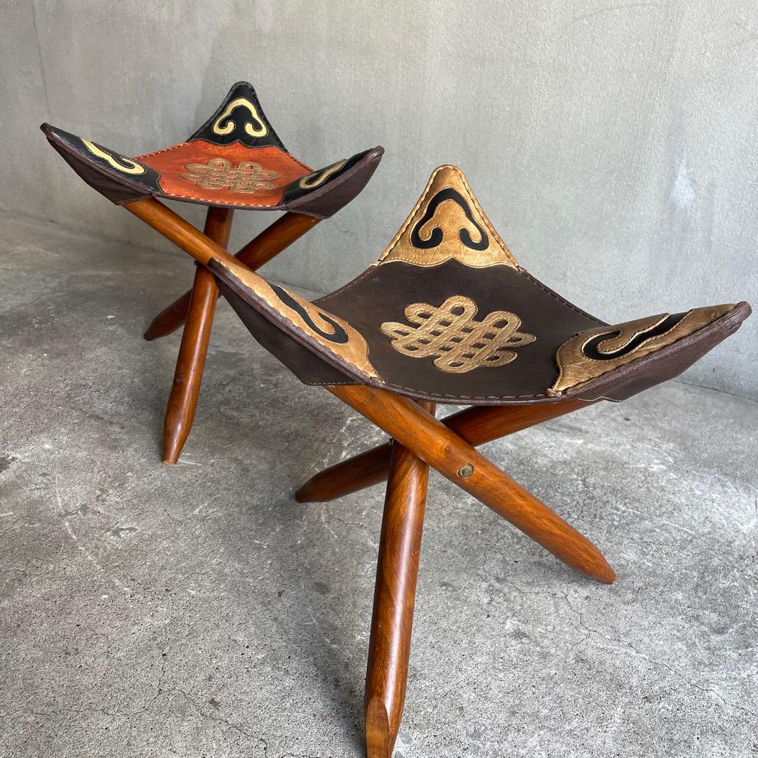 オールドビンテージ　ハンティングチェア　折り畳みチェア　本革　2脚　ハンター