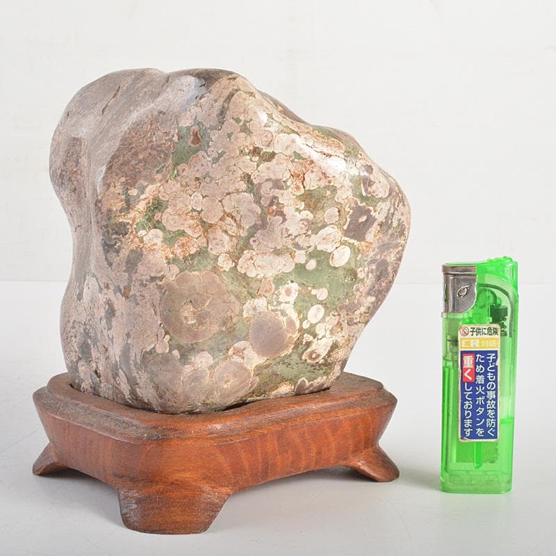 天然石　鑑賞石　梅花石　置物　重さ約1742g　唐木台付　C　R7035