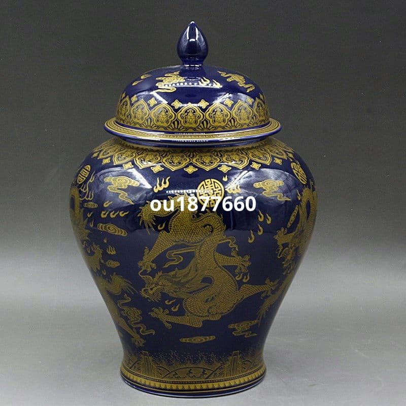 清乾隆宝石藍蒔金竜紋将軍缶 景徳鎮 陶磁器 装飾品 現代工芸品 美術品 置物