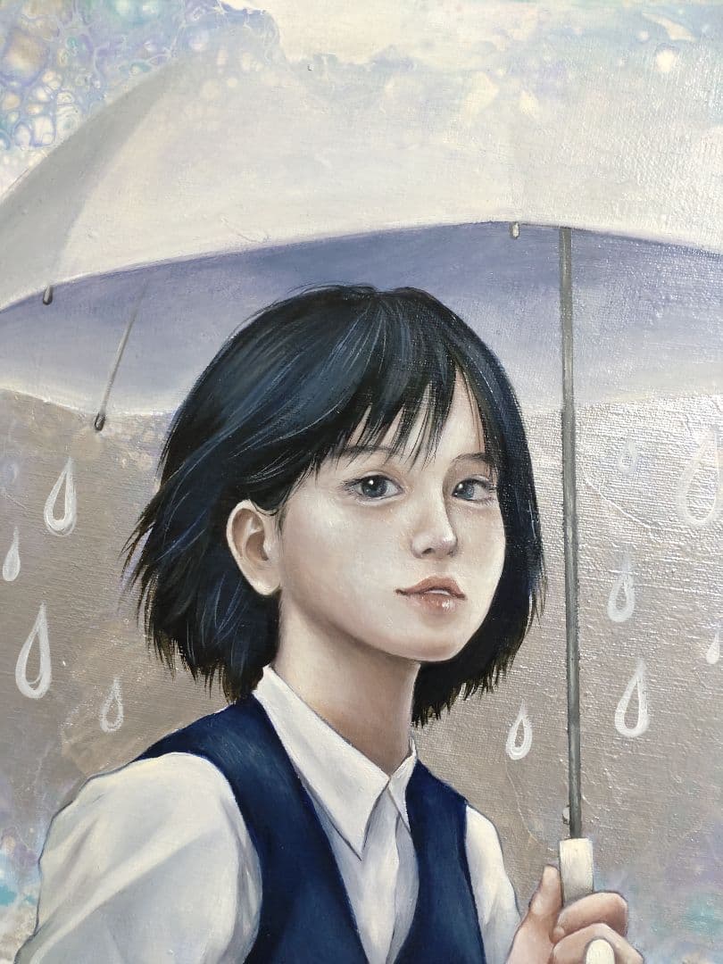 人物画【にわか雨】作者サイン入り/油絵/美人画/フルイドアート