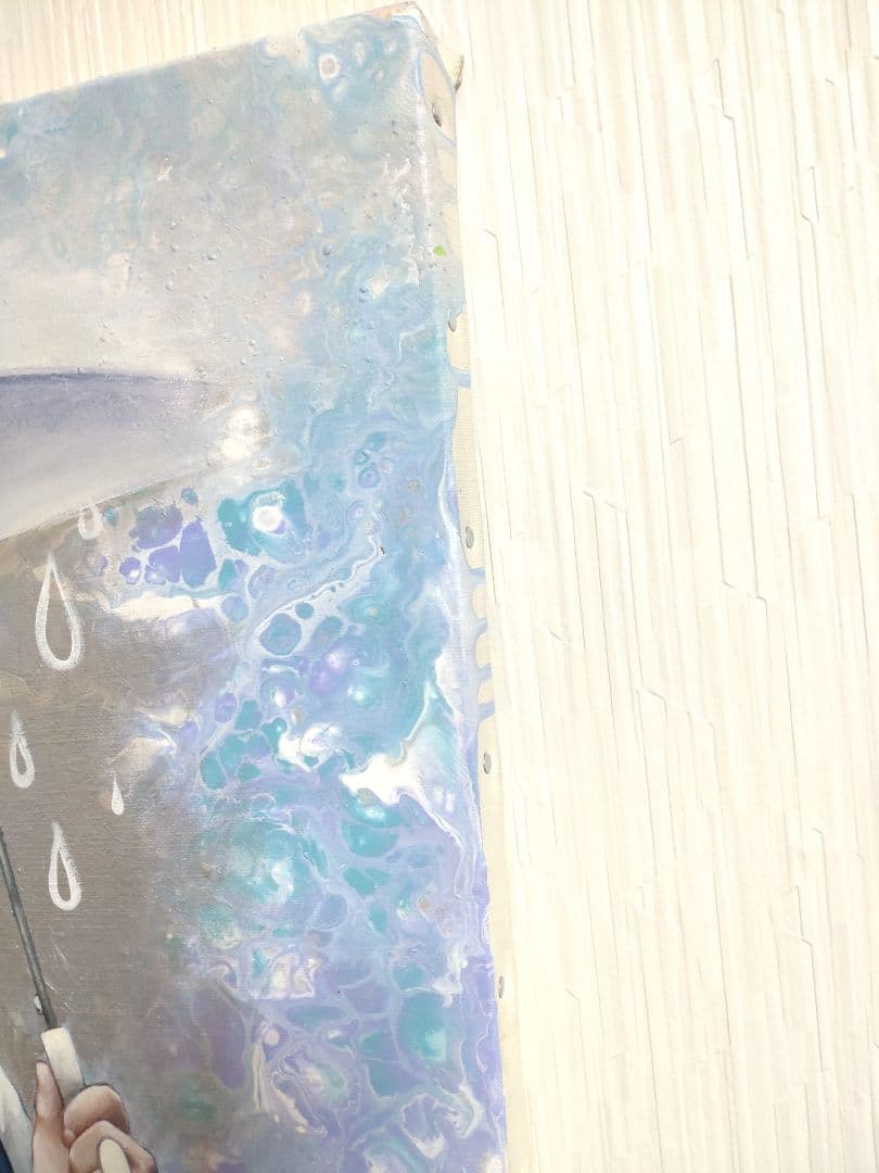 人物画【にわか雨】作者サイン入り/油絵/美人画/フルイドアート