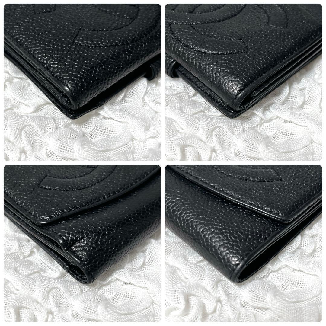 CHANEL ブラックレザー 二つ折り財布　キャビアスキン　ココマーク　本革