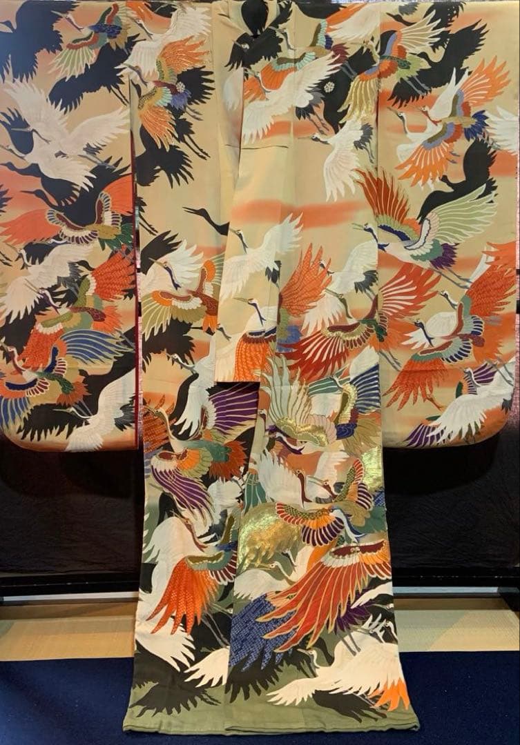 アンティーク振袖 豪華鶴尽くしカラフルヴィンテージ着用可能