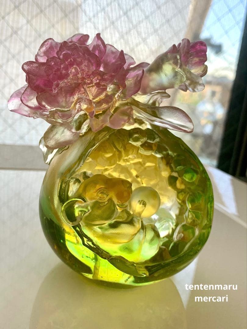 リ*ー様 琉璃工房 ☆ ガラスオブジェ ☆ ネズミとお花モチーフ ☆ 美品