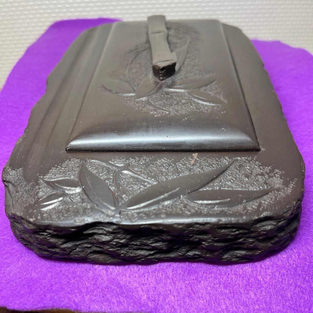 ⭕️赤間硯　植野玉泉堂　玉泉　笹竹葉彫刻石共蓋付き　手間あり入念　蓋付き大型硯