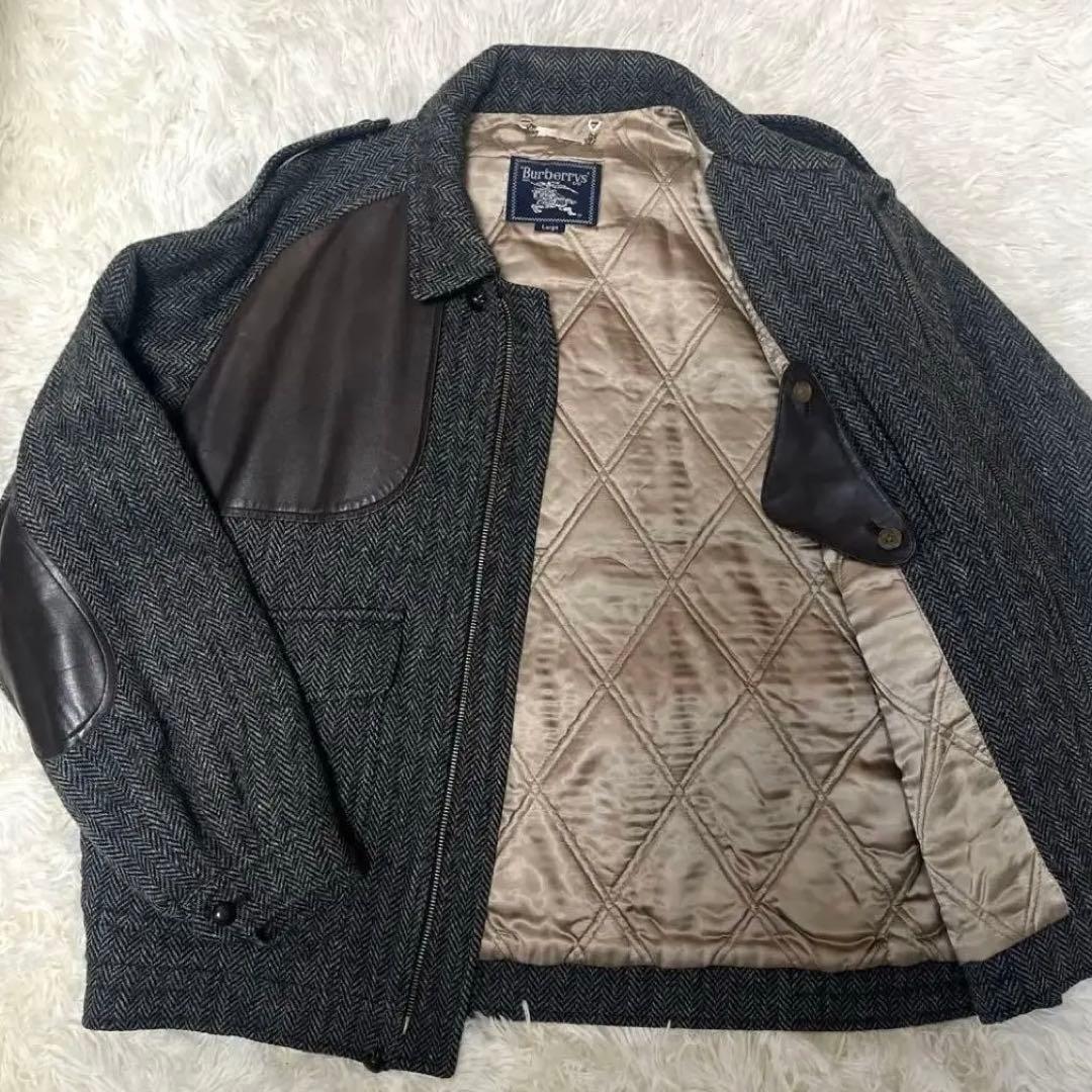 最高級✨90s バーバリー ツイードブルゾン レザー切替 L チンストラップ