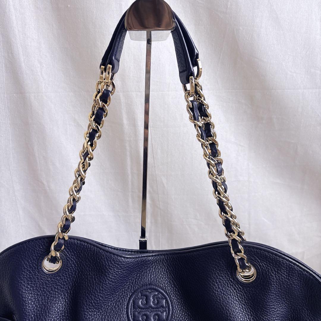 TORY BURCH チェーン トートバッグ シボ革 レザー ネイビー A4