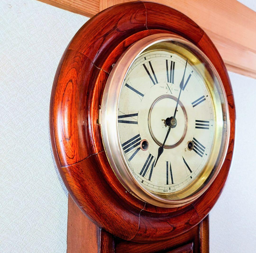 〈完動・極美品〉今津菊次郎時計　玉杢欅丸尾長ゼンマイ振り子時計　古時計