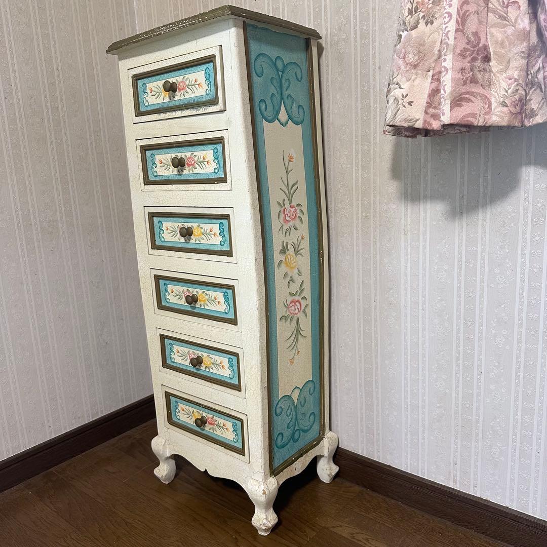 アンティーク 花柄 5段チェスト　リメイク　トールペイント