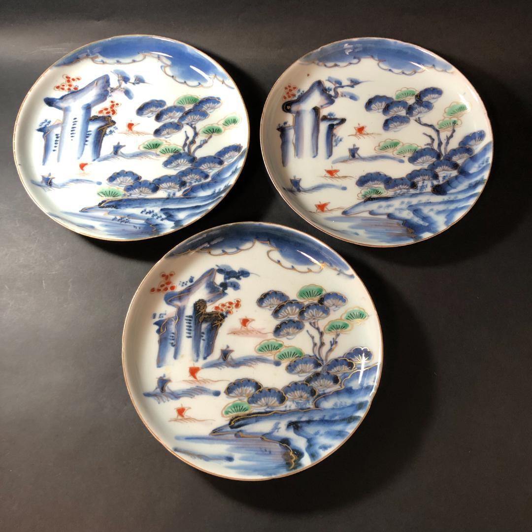 古伊万里　染錦　六寸皿　３客　松に帆掛け船文様　生活骨董　骨董雑貨　和食器