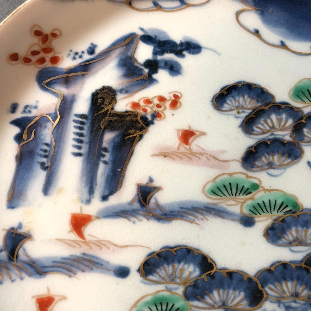 古伊万里　染錦　六寸皿　３客　松に帆掛け船文様　生活骨董　骨董雑貨　和食器