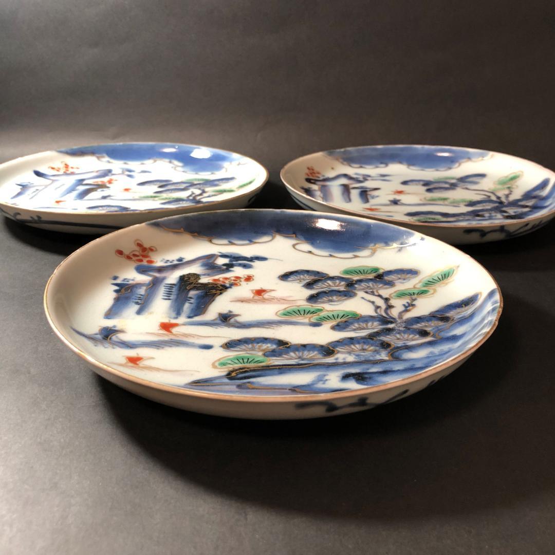 古伊万里　染錦　六寸皿　３客　松に帆掛け船文様　生活骨董　骨董雑貨　和食器