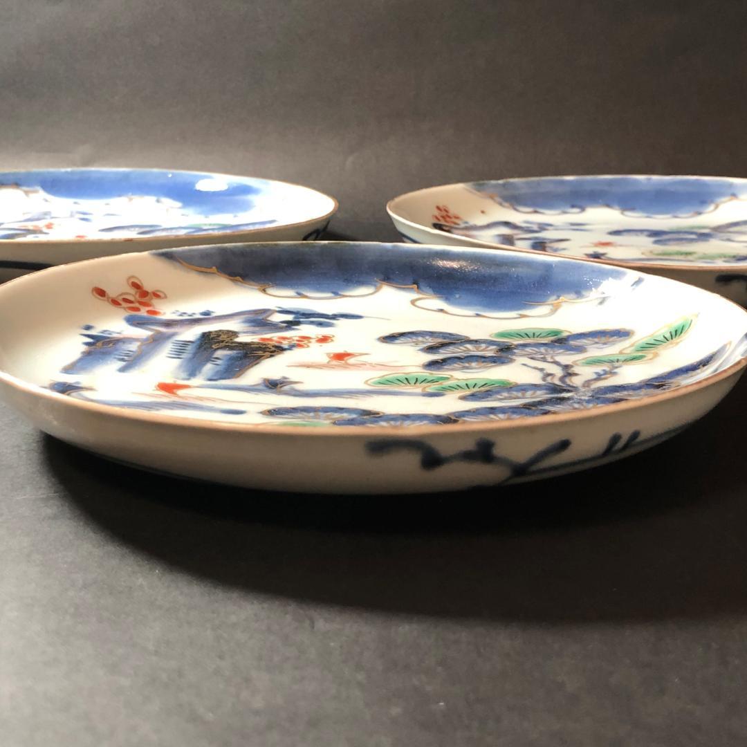 古伊万里　染錦　六寸皿　３客　松に帆掛け船文様　生活骨董　骨董雑貨　和食器
