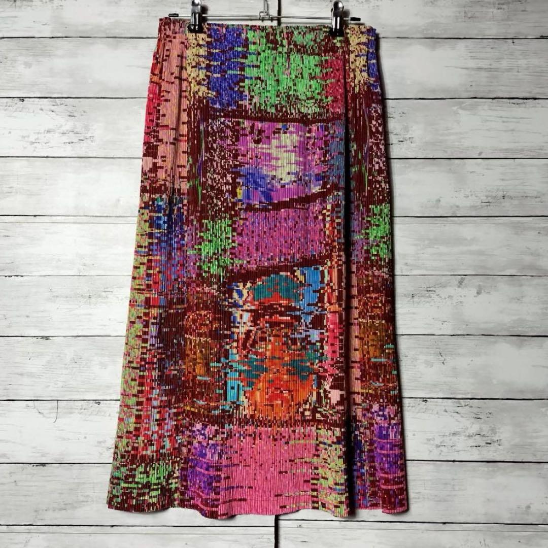 プリーツプリーズ イッセイミヤケ ひざ丈スカート 総柄 ピクセル モザイク