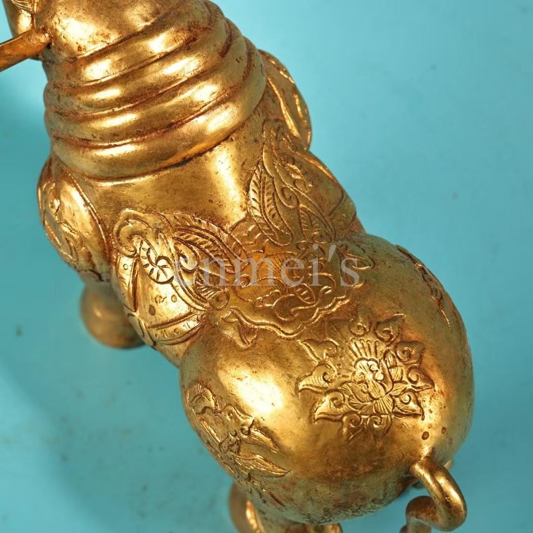 中国古美術・旧蔵細工犀牛セット・純銅製・鏨刻鎏金・高浮彫・置物・風水開運・文房具